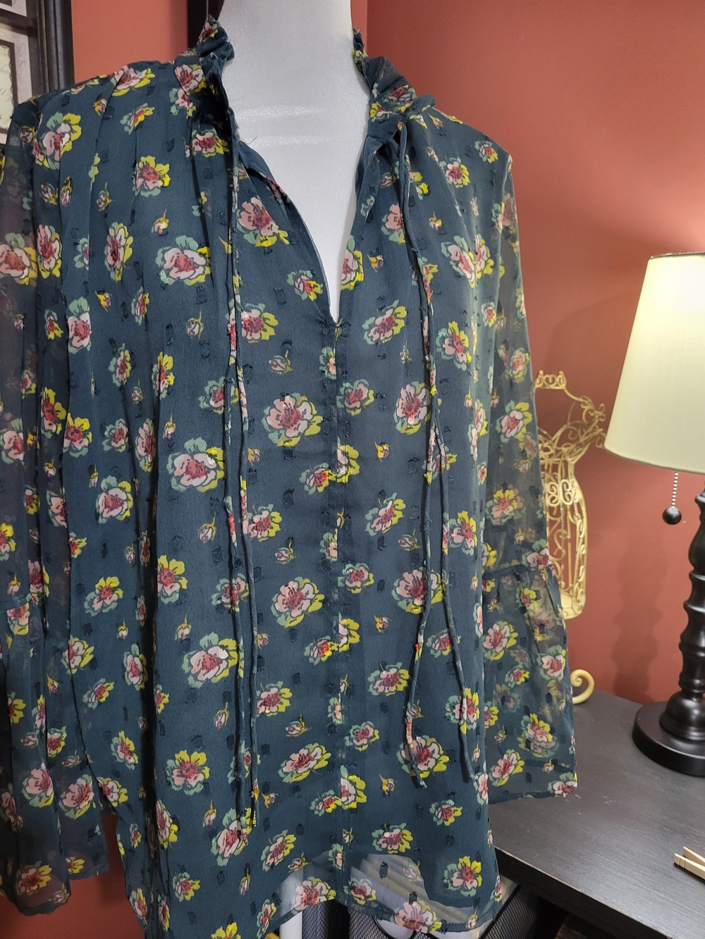 LOFT Teal Floral Tie-Neck Blouse